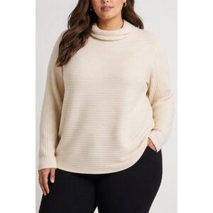 Eileen Fisher 1X Extra Fine Merino Wool Ribbed Sweater Ivory Funnel Neck Minimal